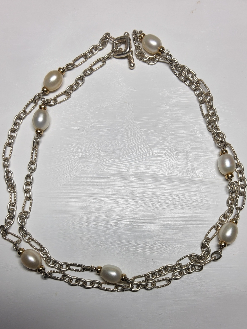 David Yurman Sterling Silver 18K Figaro Chain Station Necklace with Pearls